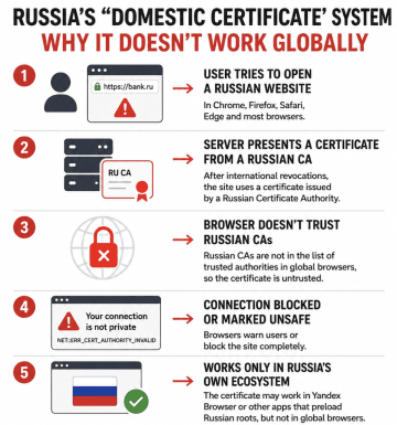 Russia’s domestic web certificates can trigger security warnings or blocked connections in major global browsers, while remaining usable within Russia’s own browser ecosystem. (Data: open source) Russia’s domestic web certificates can trigger security warnings or blocked connections in major global browsers, while remaining usable within Russia’s own browser ecosystem. (Data: open source)