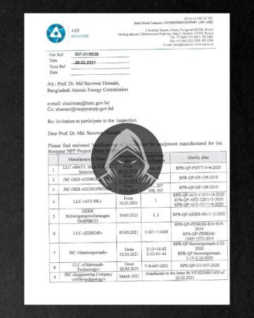 Official Atomstroyexport letter related to nuclear equipment inspection for an international project. (Source: CyberLegion)