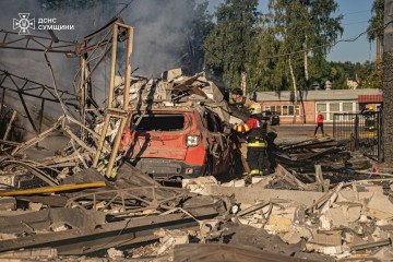Firefighters work among the rubble and burning debris after a Russian drone strike hit an industrial site in Sumy, leaving buildings destroyed and vehicles damaged, on September 12, 2025. (Source: DSNS) Firefighters work among the rubble and burning debris after a Russian drone strike hit an industrial site in Sumy, leaving buildings destroyed and vehicles damaged, on September 12, 2025. (Source: DSNS)