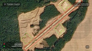 September 7, 2024, imagery shows a completed drone launch strip in Navlya, with multiple underground storage facilities marked. (Source: Ukrainian Intelligence via Telegram / Planet Labs PBC 2025) September 7, 2024, imagery shows a completed drone launch strip in Navlya, with multiple underground storage facilities marked. (Source: Ukrainian Intelligence via Telegram / Planet Labs PBC 2025)