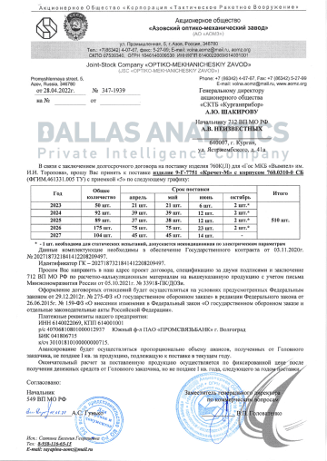 An AOMZ letter dated April 28, 2022, detailing planned deliveries of Krechet-M assemblies for the 760K (L) program between 2023 and 2027. (Source: Dallas Analytics) An AOMZ letter dated April 28, 2022, detailing planned deliveries of Krechet-M assemblies for the 760K (L) program between 2023 and 2027. (Source: Dallas Analytics)