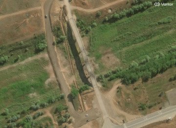 Consequences of the strike on the bridge over the North Crimean Canal in the village of Stavky, Kherson Oblast, June 20, 2026. (Source: Vantor)