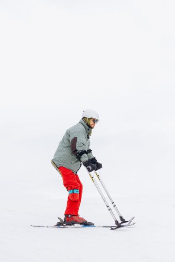 A veteran practices Three-Track Skiing at the Bukovytsia resort in Boryslav, using adaptive equipment and outriggers as part of Ukraine’s first winter adaptive sports hub for amputee veterans. (Source: Department of Sports, Youth and Tourism of the Lviv Regional Military Administration)