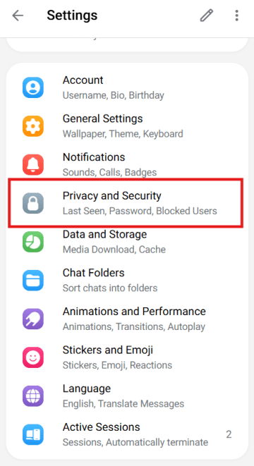 Telegram’s privacy and security menu showing the two-step verification option. Telegram’s privacy and security menu showing the two-step verification option.