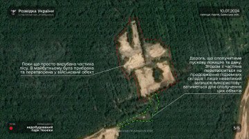 July 10, 2024, image depicts a cleared forest area in Navlya planned for conversion into a military site, with a connecting road to the launch location. (Source: Ukrainian Intelligence via Telegram / Planet Labs PBC 2025) July 10, 2024, image depicts a cleared forest area in Navlya planned for conversion into a military site, with a connecting road to the launch location. (Source: Ukrainian Intelligence via Telegram / Planet Labs PBC 2025)