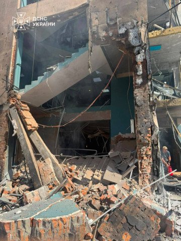 The damaged interior of the "We—Ukraine" television channel building following a Russian drone strike in Kyiv on September 8, 2026. (Source: DSNS Kyiv) The damaged interior of the "We—Ukraine" television channel building following a Russian drone strike in Kyiv on September 8, 2026.