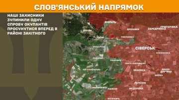 Mapa táctico del sector Sloviansk en la guerra de Ucrania. Fuerzas ucranianas frenan asalto terrestre ruso cerca de la localidad de Zakitne hoy.