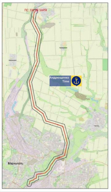 Mapa en el que se indica el trazado previsto de las líneas de alta tensión desde la subestación de Zarya hasta las instalaciones ocupadas de Azovstal en Mariúpol. (Fuente: Andriushchenko Time)