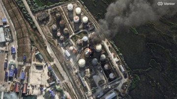 Fire at an oil depot in the Port of Kavkaz, Russia, June 21, 2026. (Source: Vantor)