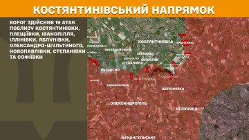 Mapa del frente en Kostiantynivka muestra ofensiva rusa con 19 ataques en Donetsk hoy.