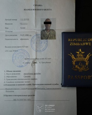 Russian military documents issued to a Zimbabwean national serving in Russia’s armed forces. (Source: 66th Separate Mechanized Brigade)