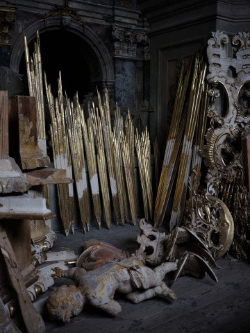 Gilded objects awaiting restoration.