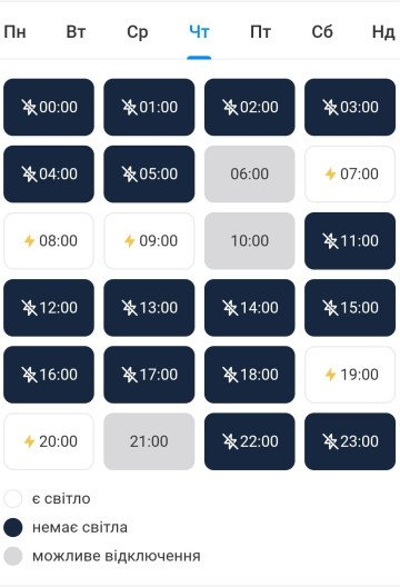 Screenshots of the power outage schedule for my street on February 5, 2026, following heavy Russian attacks on Ukraine’s civilian infrastructure on February 3rd. Dark blue means no electricity. (Photo: UNITED24 Media) Power outage schedule after Russian attacks