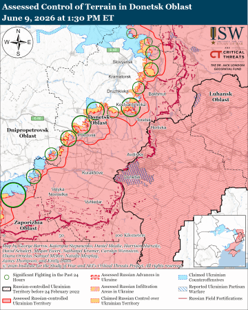 Donetsk region: Areas of active fighting and assessed territorial control in the Donetsk region as of June 9, 2026. Green circles highlight major combat zones, including around Pokrovsk, Kostyantynivka, Toretsk, and the western Donetsk front. (Source: ISW)