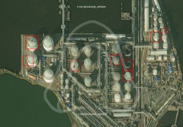 Satellite imagery showing damaged oil storage tanks at the Petersburg Oil Terminal in St. Petersburg following the October 18 drone strikes. (Source: Absolutely Reliable)