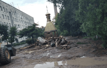 Debris surrounds the wooden Exaltation of the Cross church of the Orthodox Church of Ukraine in Yevpatoria, Crimea, as Russian occupation authorities dismantle the site on August  29, 2024. (Photo: Metropolitan Klyment, Orthodox Church of Ukraine, Simferopol and Crimea Diocese)