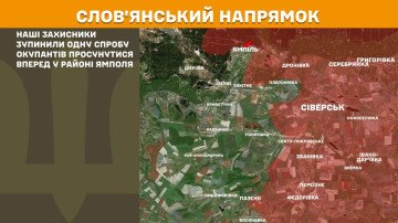 Mapa del sector de Sloviansk mostrando ataques rusos cerca de Yampil y hacia Rai-Oleksandrivka.