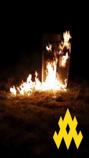 A burning railway relay cabinet following an ATESH sabotage operation in occupied Tokmak, Zaporizhzhia region. (Photo: ATESH)