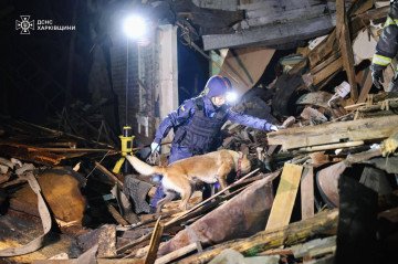 A State Emergency Service rescuer with a search dog examines rubble in Kharkiv, Ukraine on October 1, 2025. (Source: SES)