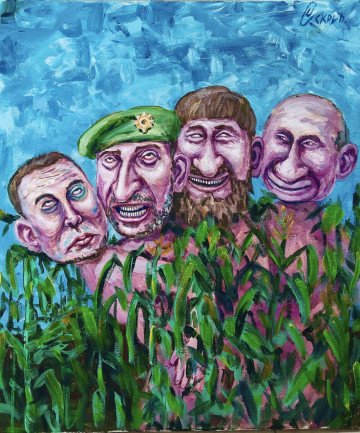 A satirical painting by Russian artist Semyon Skrepetsky depicting caricatured political and military figures in a field. (Source: Skrepetsky/Telegram) A satirical painting by Russian artist Semyon Skrepetsky depicting caricatured political and military figures in a field. (Source: Skrepetsky/Telegram)