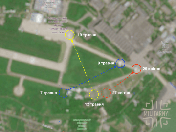 Satellite imagery showing the relocation of Tu-142 aircraft at the Taganrog Aviation Plant between April and May 2026. (Source: Copernicus/Militarnyi)
