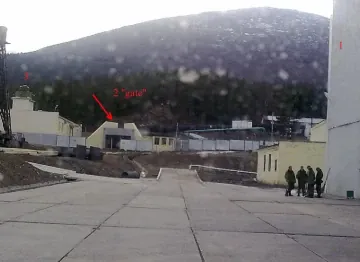 Entrance to the underground Object 1335 complex at Mount Kosvinsky, with a machine-gun tower visible on the left. (Source: Danwatch)