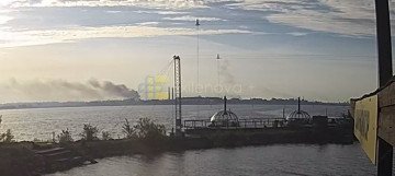 Smoke rises above the Kronstadt Marine Plant in Russia's St. Petersburg region following a Ukrainian drone strike, June 6, 2026. (Source: Exilenova+)