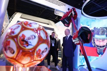 A visitor tours the Crimea section of the “Russia” exhibition at Moscow’s VDNKh.