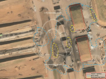 Satellite images showing reported impact sites, burn marks, and destroyed UAV debris at Russia’s Tsymbulova droneport in Oryol region following a Ukrainian strike. 