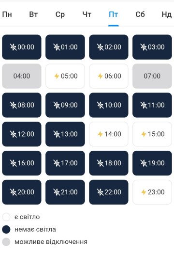 є світло: Power on; немає світло: Power off; можливе відключення: Possible outage. Schedule for February 6, 2026, (Photo: UNITED24 Media) Power outage schedule after Russian attacks