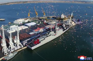 Aerial view of the Choe Hyon destroyer during the launch event at Nampo. (Source: KCNA) Aerial view of the Choe Hyon destroyer during the launch event at Nampo. (Source: KCNA)