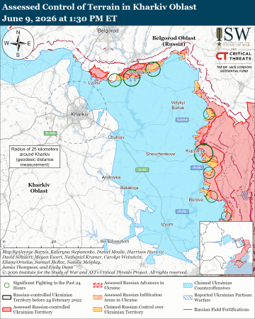 Kharkiv region: Areas of active fighting and assessed territorial control in the Kharkiv region as of June 9, 2026. Green circles mark sectors where significant combat activity was recorded during the previous 24 hours, including near Vovchansk, Kupiansk, and Borova. (Source: ISW)