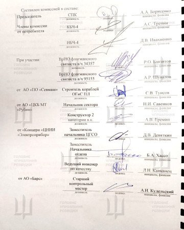 Firmas de la comisión que evaluó una boya de comunicación deformada utilizada en el Knyaz Pozharsky. (Fuente: HUR)