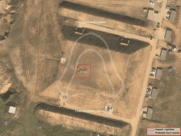 Satellite images showing reported impact sites, burn marks, and destroyed UAV debris at Russia’s Tsymbulova droneport in Oryol region following a Ukrainian strike. 