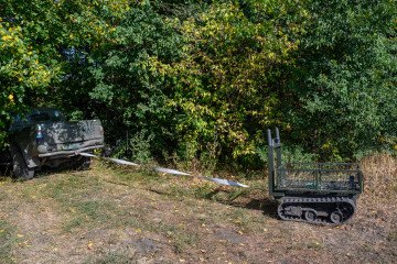 Illustrative image. A ground robot pulls a truck out of a forest, as Ukrainian Army soldiers of the 68th Separate Jaeger Brigade train on September 24, 2025, in the Pokrovsk direction, Ukraine. (Source: Getty Images)