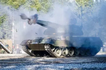 Live-fire tests of the Skyranger 35 air defense system mounted on a Leopard 1 tank chassis.