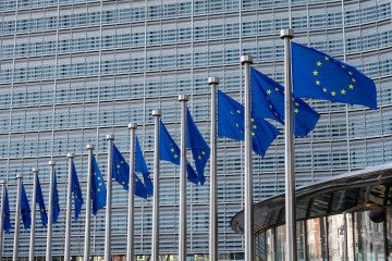Several European flags seen at the Berlaymont building, the building of the European Commission Brussels, Friday 17 April 2026. (Source: Getty Images)