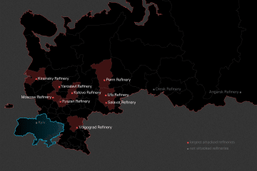 A map illustrates Russian oil refineries hit by Ukraine. (Source: Oleksandr Manulians/UNITED24 Media)