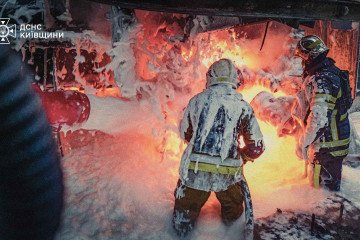 Rescuers in the Kyiv region work through intense flames and foam after a drone strike ignited a fire at a critical infrastructure facility. (Source: SES of Kyiv Region)