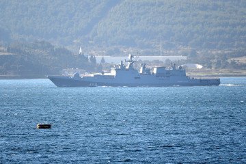 Russian Black Sea Fleet frigate Admiral Essen transits the Dardanelles Strait in Canakkale, Turkey, March 1, 2019. (Source: Getty Images)