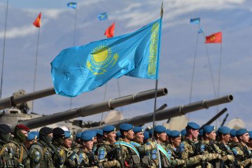 Kazakh armed forces take part in the “Indestructible Brotherhood 2023” joint military drills of the CSTO member states, at the Edelweiss training area in Balykchi, some 200 km from Bishkek, on October 11, 2023. (Source: Getty Images)