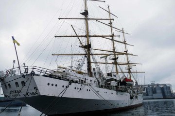 The Druzhba (Friendship) frigate, a three-masted training ship that is Ukraine’s only sailing ship, is moored in Praktychna Harbour at the Odesa Sea Trade Port, Odesa, southern Ukraine, on July 5, 2021.