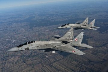 Raptor F22 from US Air Force, F 16 fighter jets and MIG 29 of the Polish Air Force take part in a NATO Air Force military drill on October 12, 2022 in Lask, Poland. (Source: Getty Images)