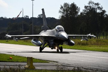 Belgian F-16 fighter jet departs for NATO Baltic air policing mission in Estonia from Florennes Air Base, Belgium, October 2022. (Source: Getty Images)