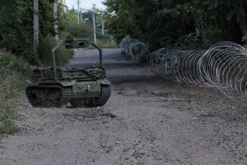 A ground robotic system drives along a road, delivering supplies on September 4, 2026, in Druzhkivka, Donetsk region, Ukraine.