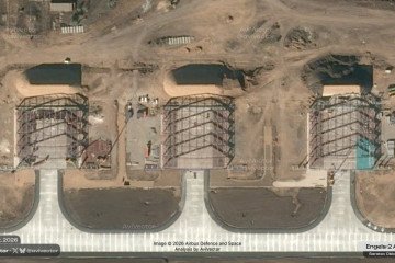 Satellite imagery showing three aircraft shelter frames under construction at Russia’s Engels-2 air base on October 12, 2026. (Source: AviVector)