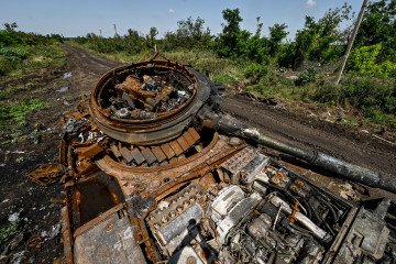 Destroyed Russian military vehicle in the village of Novodarivka on the border of Zaporizhzhia and Donetsk regions, southeastern Ukraine, July 21, 2023. (Source: Getty Images)