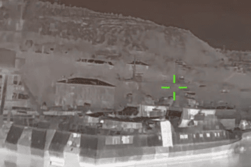 A Russian Project 22460 patrol ship “Okhotnik” moments before a Ukrainian drone strike, February 2026. (Source: HUR)