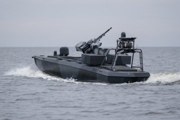 Ukrainian SeaBaby naval drone on display, featuring upgraded engines, navigation systems, and strike capabilities. (Source: Getty Images)