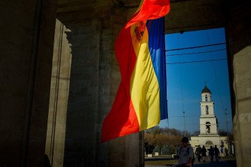 The Moldovan national flag in front of the cathedral in the Cathedral Park. (Source: Getty Images)